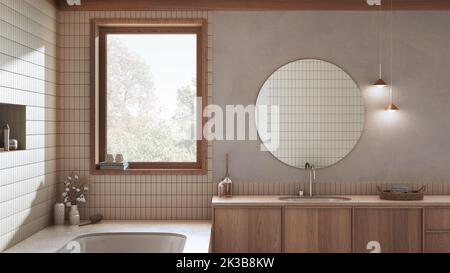 Wabi Sabi, japandiisches Bad in Weiß- und Beigetönen, Marmorbadewanne und Holzwaschbecken. Innenarchitektur des Bauernhauses Stockfoto