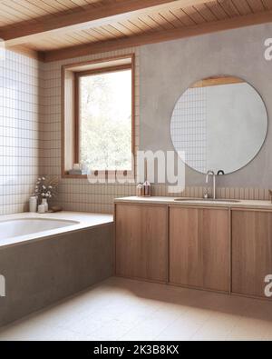 Badezimmer mit Holzboho in Weiß- und Beigetönen. Marmorbadewanne und -Waschbecken. Japandi Bauernhaus Innenarchitektur Stockfoto