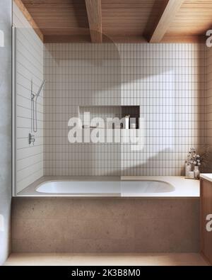 Japandiisches Badezimmer aus Holz und Marmor in Weiß- und Beigetönen. Badewanne mit Fliesen. Minimalistisches Interieur-Design des Bauernhauses Stockfoto