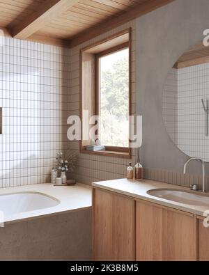 Badezimmer mit Holzboho in Weiß- und Beigetönen. Marmorbadewanne, Waschbecken und runder Spiegel. Japandi Bauernhaus Innenarchitektur Stockfoto