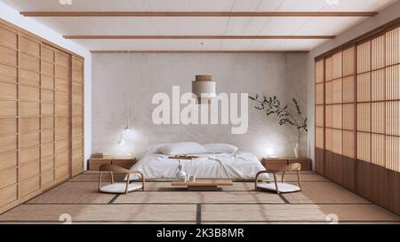 Minimalistisches Schlafzimmer in Weiß- und Beigetönen, japanischer Stil. Doppelbett, Tatami-Matten, Meditations-Zen-Raum. Japandiisches Interior Design Stockfoto