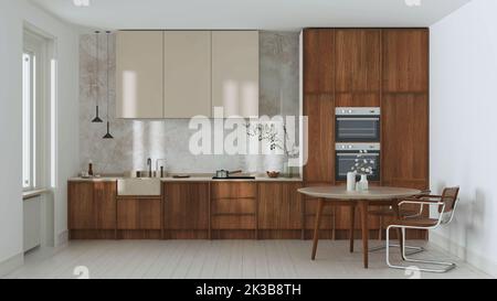 Japanische trendige Holzküche und Esszimmer in Weiß- und Beigetönen. Holzschränke, Tisch, moderne Tapete und Marmorplatte. Minimalistischer Inte Stockfoto