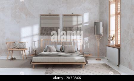 Wabi Sabi-Schlafzimmer in Weiß- und Beigetönen mit makrahmen Wandbildern und Tapeten. Holzmöbel, Teppiche und Doppelbett. Japandiisches Interior Design Stockfoto