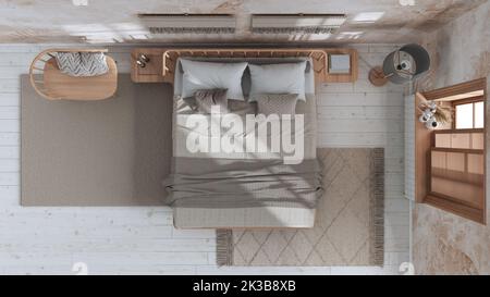 Wabi Sabi-Schlafzimmer in Weiß- und Beigetönen mit makrahmen Wandbildern und Tapeten. Holzmöbel, Teppiche und Doppelbett. Draufsicht, Plan, oben. Japan Stockfoto