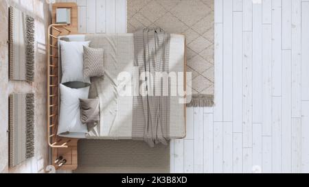 Japanisches Schlafzimmer in Weiß- und Beigetönen mit makramem Wandbild und Tapete. Holzmöbel, Teppiche und Doppelbett. Draufsicht, Plan, oben. Boho in Stockfoto