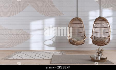 Wohnzimmereinrichtung im japanischen Stil in Weiß- und Beigetönen, Wabi-Sabi-Wohnzimmer, Wandmockup, Rattan-Hängesessel mit Dekors Stockfoto