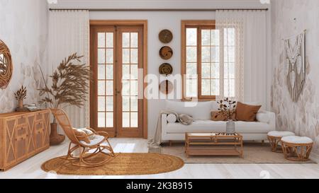 Bauernhaus Wohnzimmer aus Holz in beige und weiß Tönen, Sofa, Rattan Kommode, Juteppich und Dekore. Boho Chic Innenarchitektur Stockfoto