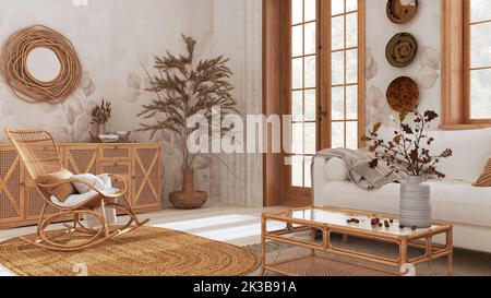 Wohnzimmer aus ländischem böhmianischem Holz in Beige- und Weißtönen, Sofa, Kommode aus Rattan, Juteppich und Dekore. Boho Chic Innenarchitektur Stockfoto