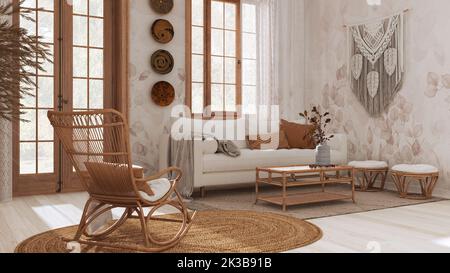 Vintage-Wohnzimmer im Boho-Chic-Stil in Weiß- und Beigetönen. Sofa und Rattanschaukelstuhl auf Juteppich. Böhmische Inneneinrichtung Stockfoto