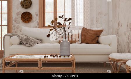 Retro-Wohnzimmer in Weiß- und Beigetönen in Nahaufnahme. Sofa, Rattantisch mit Herbstdekoren. Boho Chic Design, Herbst Interieur Konzept Stockfoto