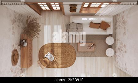 Bauernhaus Wohnzimmer aus Holz in beige und weiß Tönen, Sofa, Rattan Kommode, Juteppich und Dekore. Boho Chic Innenarchitektur, Draufsicht, pla Stockfoto