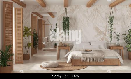 Schlafzimmer aus böhmischem Holz im Boho-Stil in Weiß- und Beigetönen. Doppelbett, Hängesessel und Topfpflanzen. Fenster mit Fensterläden. Bauernhaus Jahrgang i Stockfoto