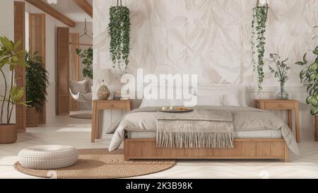 Bauernhaus Holzschlafzimmer im Boho-Stil in Weiß- und Beigetönen. Doppelbett, Hängesessel und Topfpflanzen. Fenster mit Fensterläden und Tapeten. Coun Stockfoto