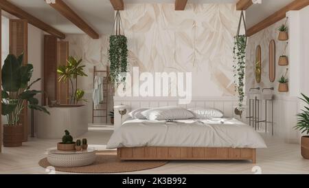 Schlafzimmer und Badezimmer aus böhmischem Holz im Boho-Stil in Weiß- und Beigetönen. Bett, Badewanne und Waschbecken, Topfpflanzen. Fenster mit Fensterläden. Farmhou Stockfoto