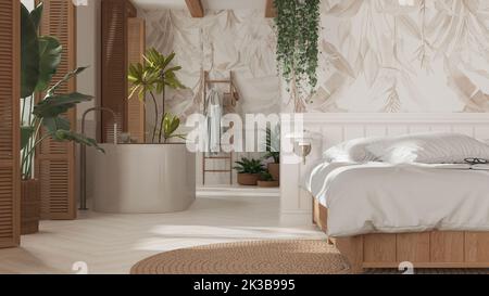 Schlafzimmer und Badezimmer aus böhmischem Holz im Boho-Stil in Weiß- und Beigetönen. Bett, Badewanne und Juteppich, Topfpflanzen. Fenster mit Fensterläden. Zähler Stockfoto