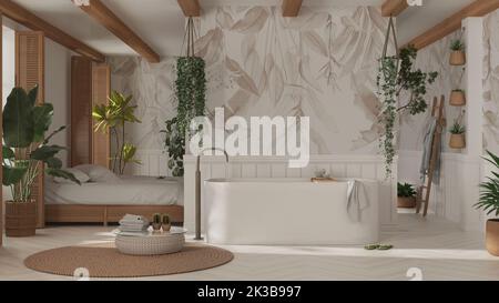 Bad und Schlafzimmer aus böhmischem Holz im Boho-Stil in Weiß- und Beigetönen. Badewanne, Bett- und Handtuchhalter, Topfpflanzen. Tropische Tapete. Land V Stockfoto