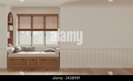 Vintage-Fenster mit Sitzbank und Kissen. Jalousien aus Holz, Bücherregal und Dekore. Weiße Wände mit Platz für Text. Moderne Inneneinrichtung Stockfoto