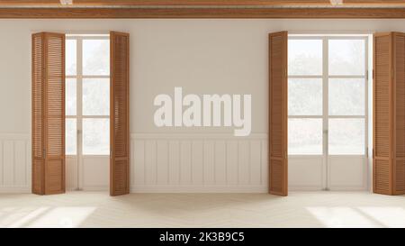 Inneneinrichtung im Hintergrund, leerer Raum in Weißtönen mit Parkettboden und Holzdecke. Zwei Fenster mit Fensterläden zum Garten-Panorama, Wal Stockfoto