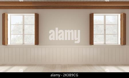 Inneneinrichtung im Hintergrund, leerer Raum in Weißtönen mit Parkettboden und Holzdecke. Zwei Fenster mit Fensterläden zum Garten-Panorama, Wal Stockfoto