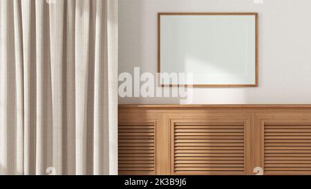 Holztischplatte, Schrank, Platte mit Fensterläden aus nächster Nähe. Vorhang aus beigefarbenem Fischgrätstoff, Rahmenmodell. Weißer Wandhintergrund mit Kopierraum, Interi Stockfoto