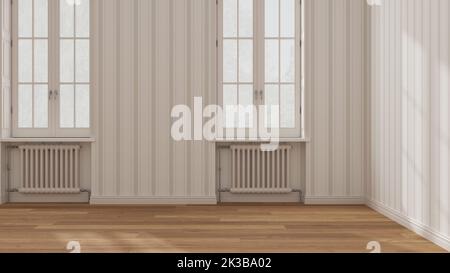 Leere Zimmereinrichtung in Weiß- und Beigetönen, offener Raum mit Parkettboden, Fenster mit Heizkörpern, gestreifte Tapete, klassischer Architekt Stockfoto