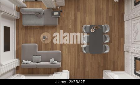 Minimalistische Möbel in klassischer Wohnung in weißen Tönen, Wohn- und Esszimmer mit Tisch und Sofa. Verputzte Wände und Parkett. Barocke Interi Stockfoto