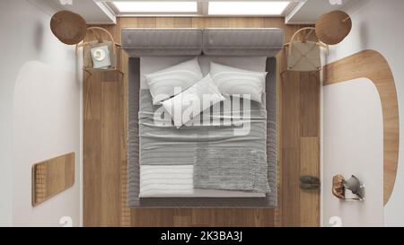 Modernes Schlafzimmer aus Holz in weißen Farbtönen, Master-Samtbett mit Kissen und Decke, Pendelleuchten, Stühlen. Parkett, Teppich, Fenster mit Jalousien. Draufsicht Stockfoto