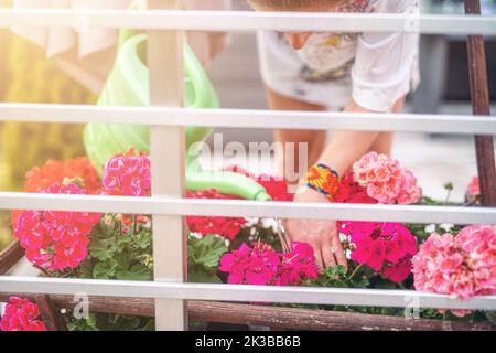 Zugeschnittenes Bild einer Frau im Garten. Stockfoto