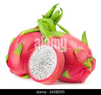 drachenfrucht, Pitahaya, Pitaya, isoliert auf weißem Hintergrund, Schnittpfad, volle Schärfentiefe Stockfoto