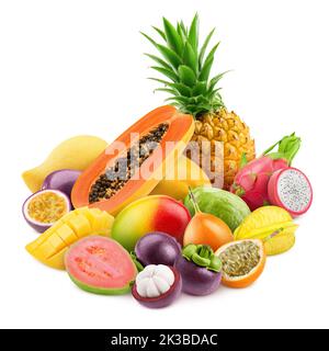 Tropische Früchte, Ananas, Papaya, Mangostan, Drachenfrucht, Passionsfrucht, Mango, Karambola, Guava, Granadilla, Isoliert auf weißem Hintergrund, Clippin Stockfoto