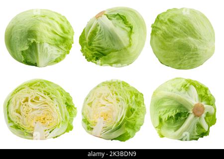 Grüner Eisbergsalat isoliert auf weißem Hintergrund, Schnittpfad, volle Schärfentiefe Stockfoto