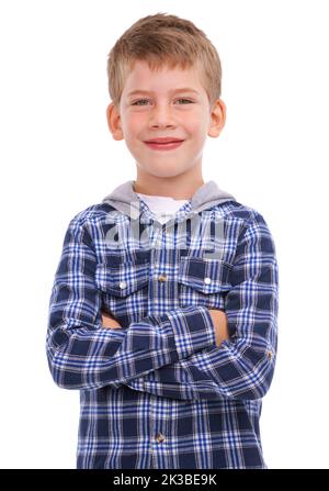 Hes wird groß werden. Studioaufnahme eines lässig gekleideten Jungen, isoliert auf Weiß. Stockfoto