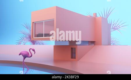 Minimalistisches, modernes Privathaus in Pink mit Flamingos. 3D Rendern Stockfoto