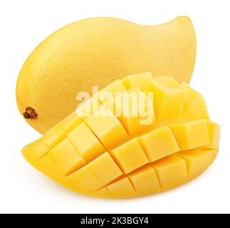 Gelbe Mango isoliert auf weißem Hintergrund, Schnittpfad, volle Schärfentiefe Stockfoto