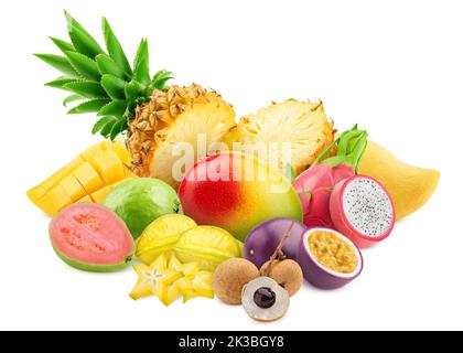 Tropische Früchte, Ananas, Drachenfrucht, Passionsfrucht, Longan, Mango, Karambola, Guave, isoliert auf weißem Hintergrund, Beschneidungspfad, volle Fi-Tiefe Stockfoto