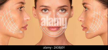 Kosmetologie Konzept. Collage aus Vorder- und Seitenansicht Porträt einer kaukasischen Frau mit Pfeilen im Gesicht zum Heben der Haut Stockfoto