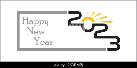 2023 Happy New Year Logo Text Design. Designvorlage für 2023 Nummern. Sammlung von 2023 Happy New Year Symbolen. Vektor-Illustration mit neuer Sonne aufgehen Stock Vektor
