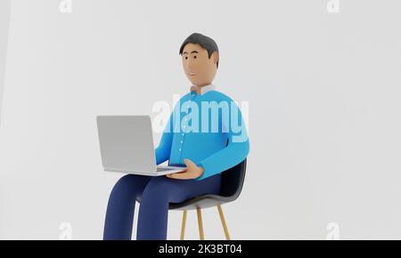 Mann mit Laptop auf Stuhl auf weißem Hintergrund.3D Rendering. Stockfoto