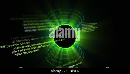 Bild von Lichtspuren über der Datenverarbeitung auf schwarzem Hintergrund Stockfoto