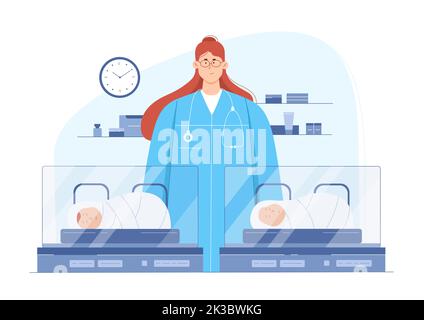 Vektorgrafik für neonatale Krankenhäuser. Cartoon neonatologe steht in der Nähe neugeborener Baby Inkubator mit Kleinkindern, Arzt Kinderarzt untersucht kleine Jungen und Mädchen. Neonatologie, Kinderbetreuungskonzept Stock Vektor