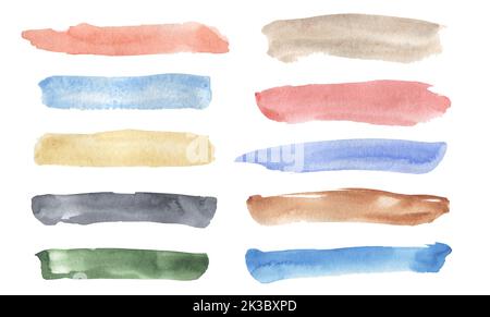 Aquarell handgezeichnete Farbe Hintergründe Clipart, Pinselstriche Illustration, Pastell violett, blaue Flecken, grüne Spritzer Clip Art, Gelbe Tropfen, Design Stockfoto