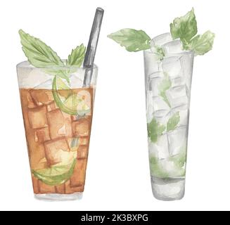 Aquarell handgezeichnete Cocktail Illustration Set. Getränke Clipart für Menü, Karte, Postkarte, Banner, Poster. Druck auf Speisen und Getränke Stockfoto