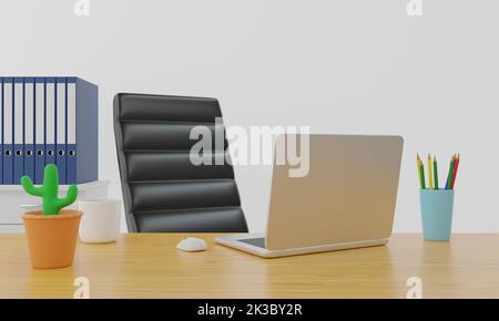 Laptop und Kaffeetasse auf dem Schreibtisch im Büro.3D Rendering. Stockfoto