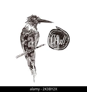 Wilder Vogel im Linolschnitt-Retro-Stil, Vintage-Silhouette des Vogels mit Sprechblase auf Weiß Stock Vektor