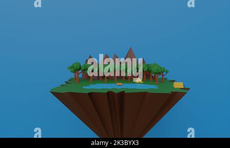 Landschaft von niedrigen Poly Rock Berg und Wald auf der Insel am Himmel.3D Rendering. Stockfoto