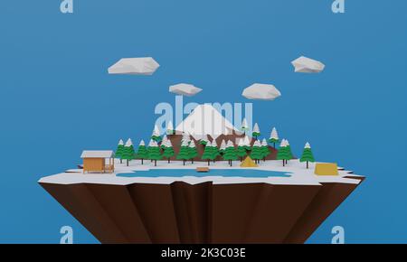 Landschaft von niedrigen Poly Rock Berg und Wald auf der Insel am Himmel.3D Rendering. Stockfoto