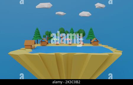 Farbenfroher Sonnenschirm und Liegestuhl am Strand im Sommer.3D Rendering. Stockfoto