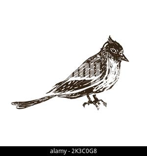 Niedlicher Vogel im Linolschnitt-Retro-Stil, Vintage-Silhouette von Vogel auf Weiß Stock Vektor