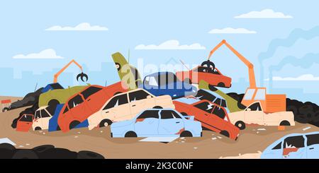 Dump Schrottplatz mit Metallteilen von Autos für Recycling-Vektor-Illustration. Cartoon Stahl Kran Demontage Stapel von gebrochenen Fahrzeugen, Stapel von verlassenen Auto Müll in Schrottplatz Hintergrund zu recyceln Stock Vektor