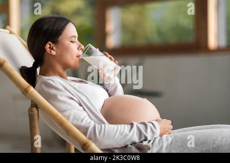 Junge Schöne Schwangeren Weibchen Ruht Sich In Stuhl Und Trinkt Milch Aus Glas Stockfoto